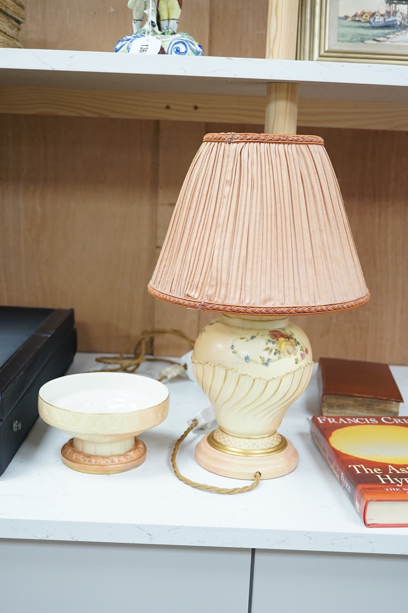 A Royal Worcester blush vase, fitted as a table lamp and a Royal Worcester footed bowl, total lamp height 38cm (2). Condition - good, lamp not tested